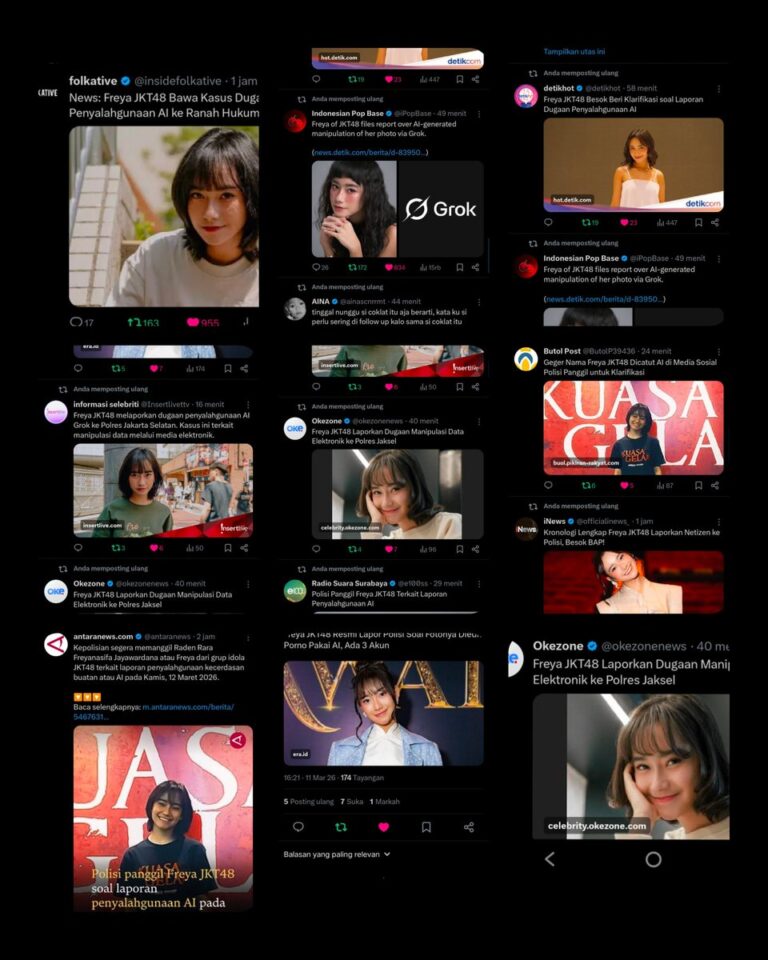 Kolase pemberitaan soal Freya JKT48 dan dugaan manipulasi foto AI