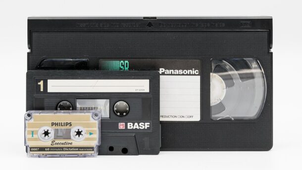 VHS cassette and mini cassettes retro aesthetic cover