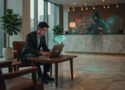 Ilustrasi peretasan Wi-Fi hotel oleh kelompok hacker Midnight Blizzard dalam kampanye CaptiveCrunch
