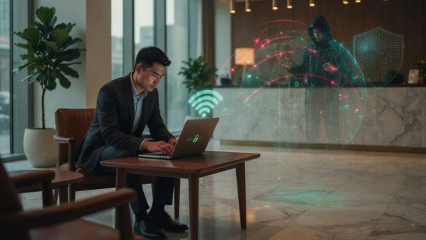 Ilustrasi peretasan Wi-Fi hotel oleh kelompok hacker Midnight Blizzard dalam kampanye CaptiveCrunch