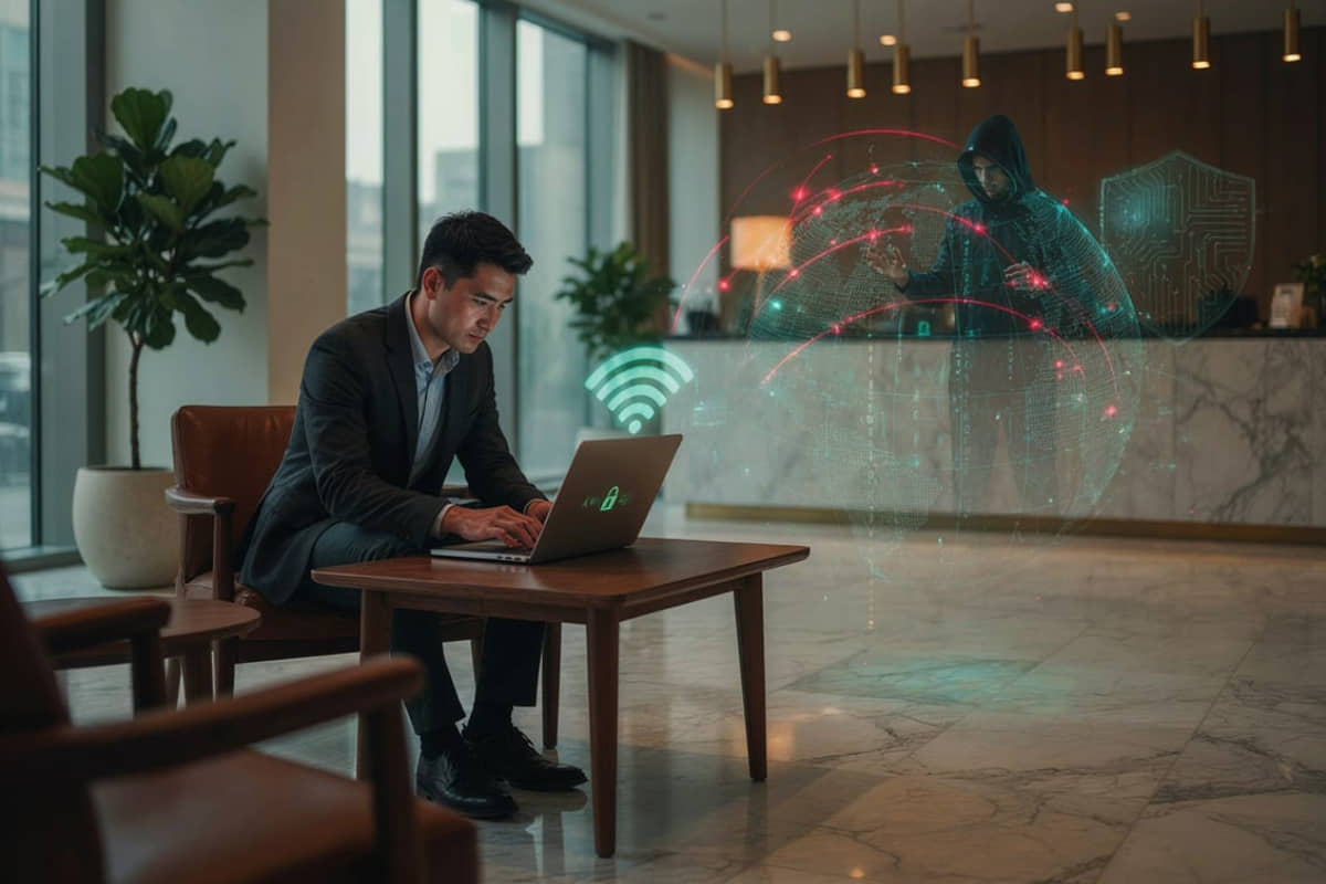 Ilustrasi peretasan Wi-Fi hotel oleh kelompok hacker Midnight Blizzard dalam kampanye CaptiveCrunch
