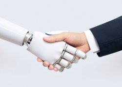 Tangan robot dan tangan manusia berjabat, ilustrasi kolaborasi manusia dan AI dalam pekerjaan AI cleanup
