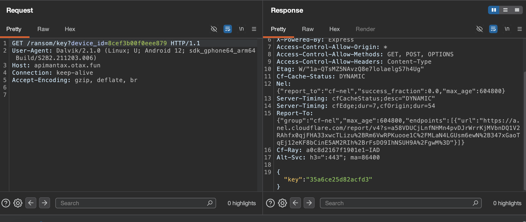 Permintaan kunci enkripsi malware Mantax Otax ke server C2 apimantax.otax.fun
