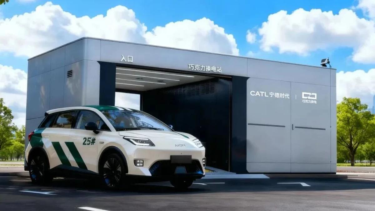Stasiun tukar baterai mobil listrik CATL Choco-Swap dengan mobil listrik di depannya